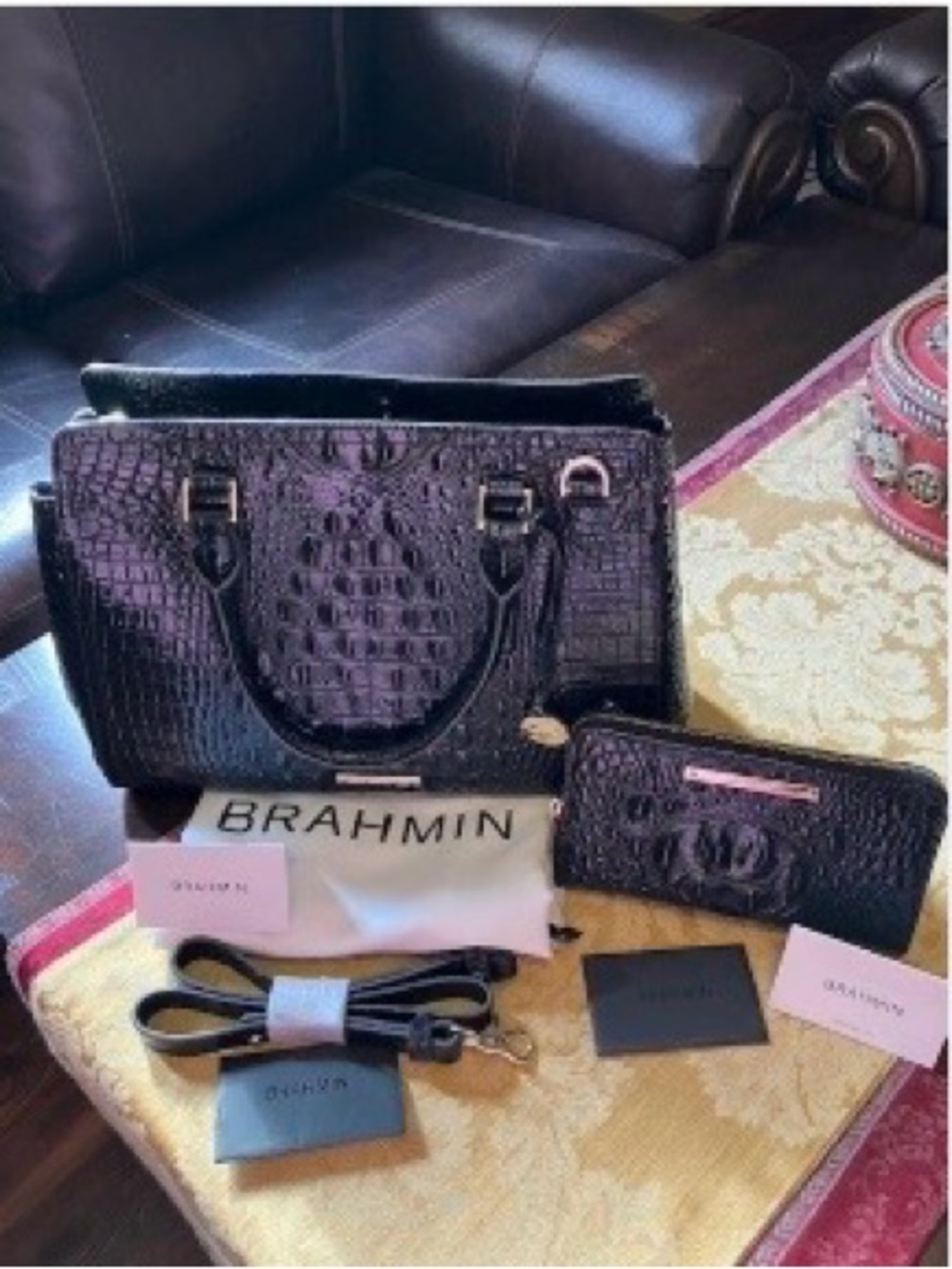 Brahmin Black Croc-Embossed Satchel with Matching Wallet